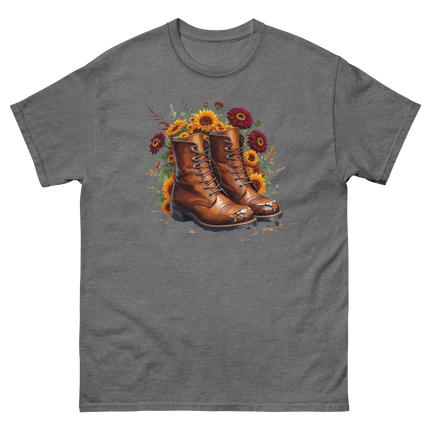 Rustic Fall Combat Boots with Sunflowers Graphic Tee #3 Women Tees Style Junction – Custom Digital Designs & Apparel Graphite Heather S