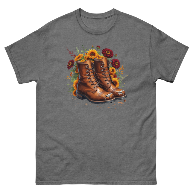 Rustic Fall Combat Boots with Sunflowers Graphic Tee #3 Women Tees Style Junction – Custom Digital Designs & Apparel Graphite Heather S