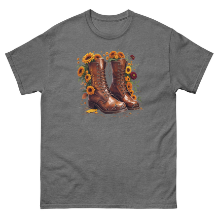 Rustic Fall Combat Boots with Sunflowers Graphic Tee #4 Women Tees Style Junction – Custom Digital Designs & Apparel Graphite Heather S