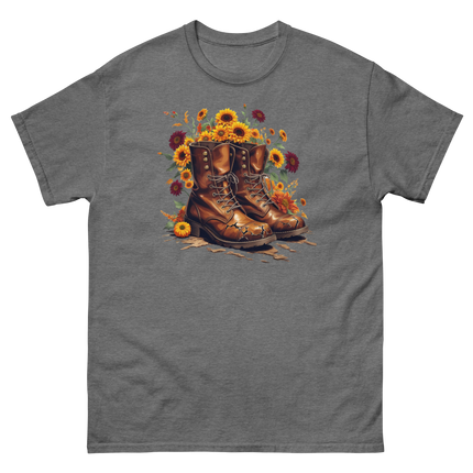 Rustic Fall Combat Boots with Sunflowers Graphic Tee #5 Women Tees Style Junction – Custom Digital Designs & Apparel Graphite Heather S