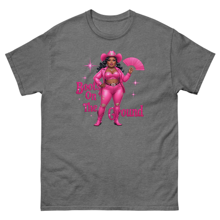 Pink Glam Cowgirl Tee – Boots on the Ground Graphic Shirt #3 Women Tees Style Junction – Custom Digital Designs & Apparel Graphite Heather S