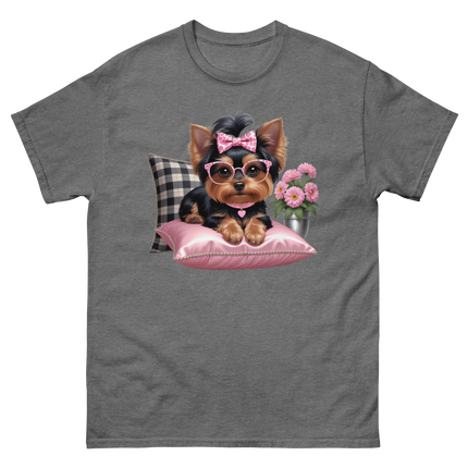 Yorkie Glam Tee – Pink Leopard Print Dog Graphic Shirt #1 Women Tees Style Junction – Custom Digital Designs & Apparel Graphite Heather S