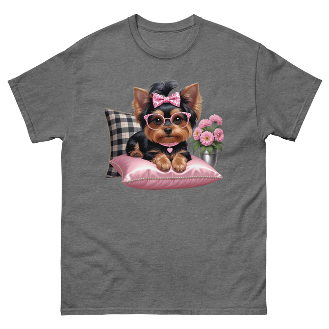 Yorkie Glam Tee – Pink Leopard Print Dog Graphic Shirt #1 Women Tees Style Junction – Custom Digital Designs & Apparel Graphite Heather S