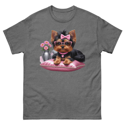 Yorkie Glam Tee – Pink Leopard Print Dog Graphic Shirt #2 Women Tees Style Junction – Custom Digital Designs & Apparel Graphite Heather S