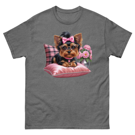 Yorkie Glam Tee – Pink Leopard Print Dog Graphic Shirt #4 Women Tees Style Junction – Custom Digital Designs & Apparel Graphite Heather S