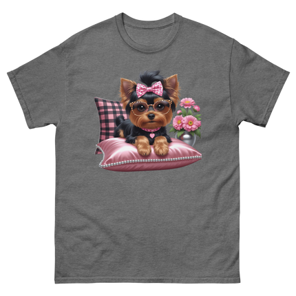 Yorkie Glam Tee – Pink Leopard Print Dog Graphic Shirt #5 Women Tees Style Junction – Custom Digital Designs & Apparel Graphite Heather S