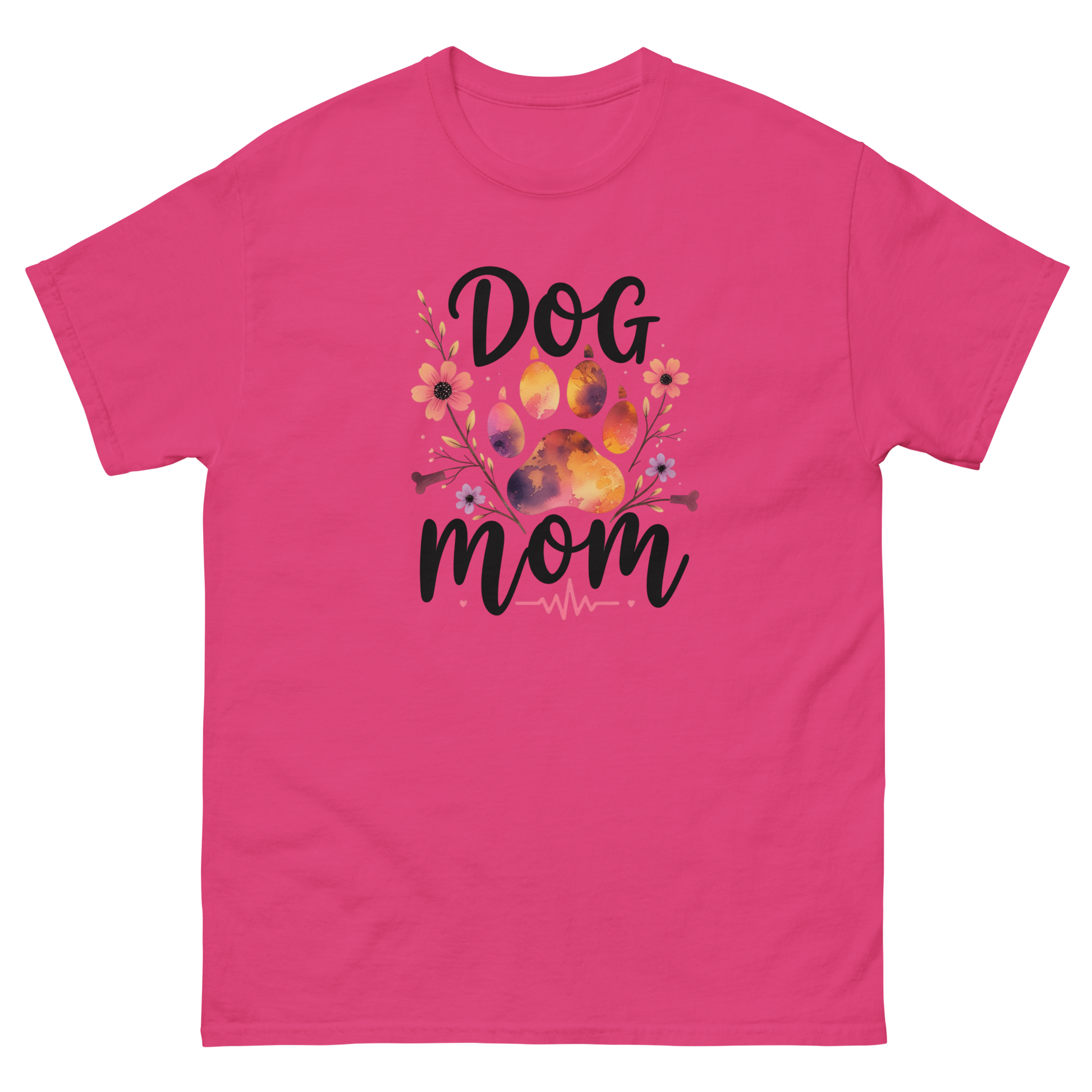 Dog Mom Sunset Floral T-Shirt – Heartbeat Paw Print Design Women Tees Style Junction – Custom Digital Designs & Apparel Heliconia S