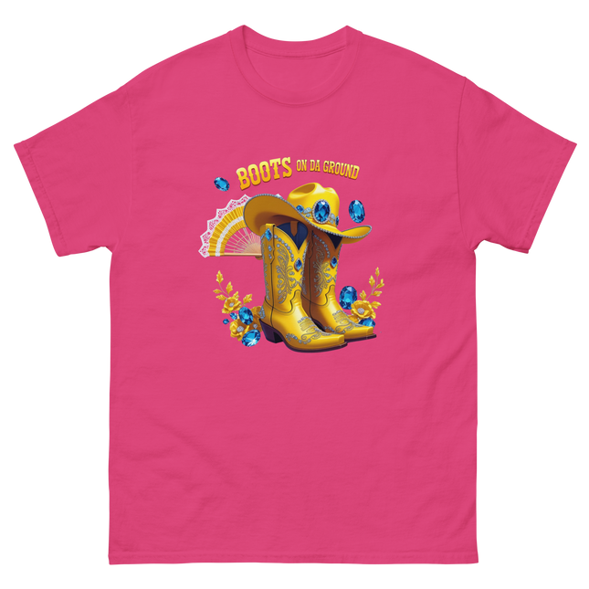 Golden Western Tee – Yellow Floral Boots on Da Ground Women Tees Style Junction – Custom Digital Designs & Apparel Heliconia S