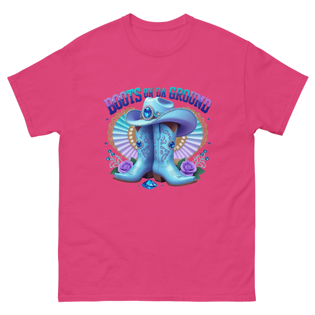 Western Shine Tee – Boots on Da Ground in Cool Blue Women Tees Style Junction – Custom Digital Designs & Apparel Heliconia S