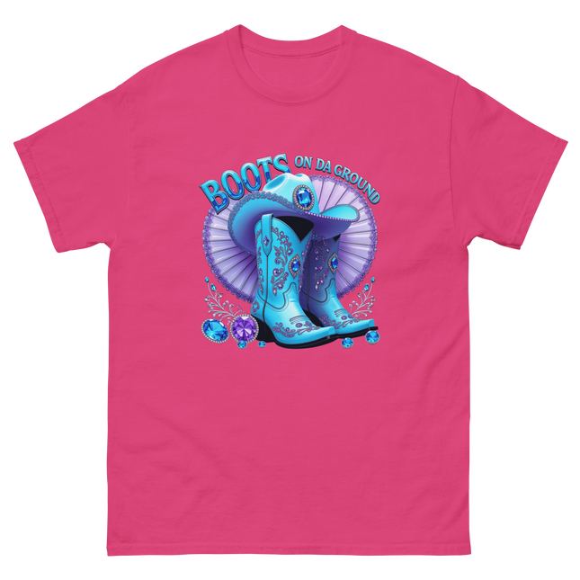 Sparkling Cowgirl Tee – Lavender Fan & Blue Boot Look Women Tees Style Junction – Custom Digital Designs & Apparel Heliconia S