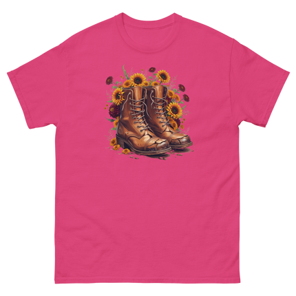 Rustic Fall Combat Boots with Sunflowers Graphic Tee #1 Women Tees Style Junction – Custom Digital Designs & Apparel Heliconia S