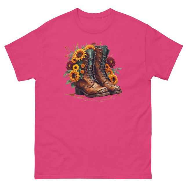 Rustic Fall Combat Boots with Sunflowers Graphic Tee #2 Women Tees Style Junction – Custom Digital Designs & Apparel Heliconia S