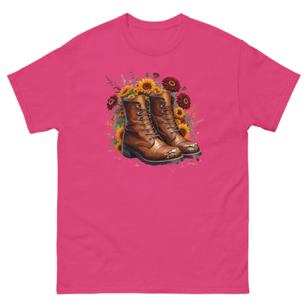 Rustic Fall Combat Boots with Sunflowers Graphic Tee #3 Women Tees Style Junction – Custom Digital Designs & Apparel Heliconia S