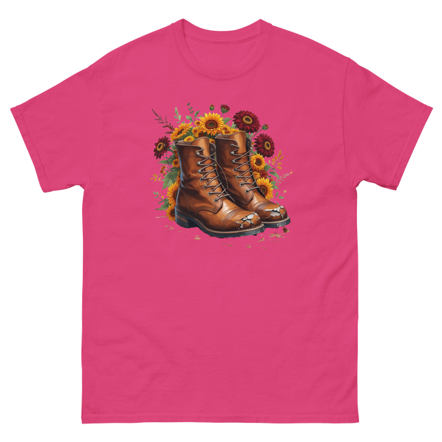 Rustic Fall Combat Boots with Sunflowers Graphic Tee #3 Women Tees Style Junction – Custom Digital Designs & Apparel Heliconia S