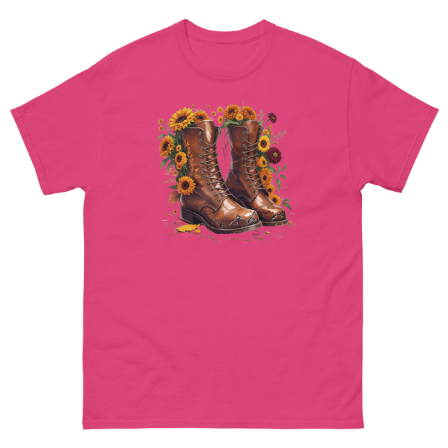 Rustic Fall Combat Boots with Sunflowers Graphic Tee #4 Women Tees Style Junction – Custom Digital Designs & Apparel Heliconia S