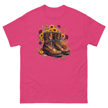 Rustic Fall Combat Boots with Sunflowers Graphic Tee #5 Women Tees Style Junction – Custom Digital Designs & Apparel Heliconia S