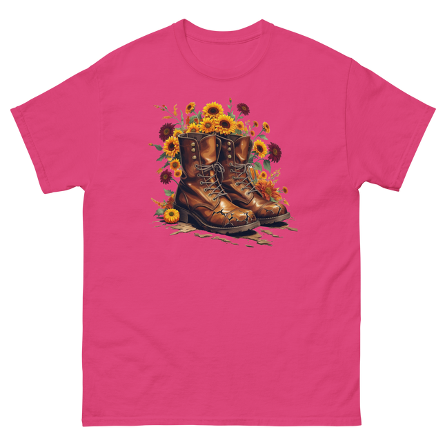 Rustic Fall Combat Boots with Sunflowers Graphic Tee #5 Women Tees Style Junction – Custom Digital Designs & Apparel Heliconia S