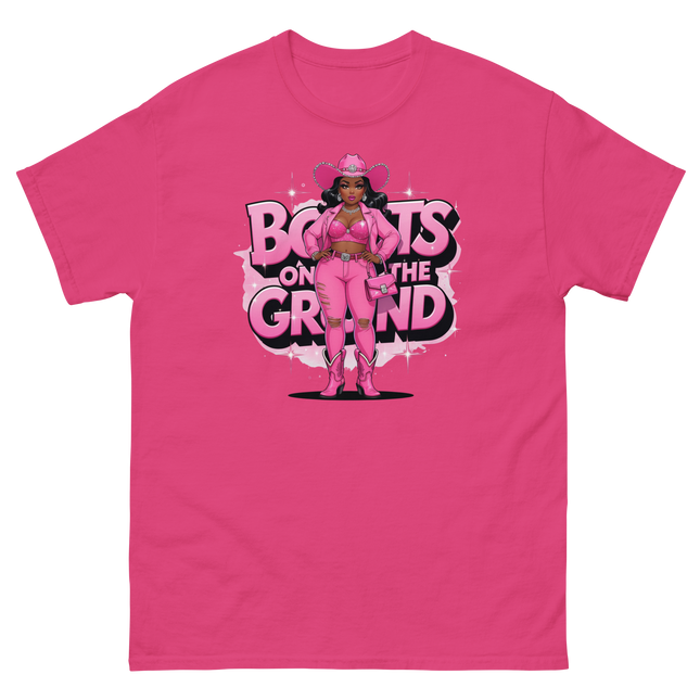 Pink Glam Cowgirl Tee – Boots on the Ground Graphic Shirt #2 Women Tees Style Junction – Custom Digital Designs & Apparel Heliconia S