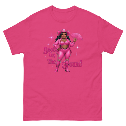 Pink Glam Cowgirl Tee – Boots on the Ground Graphic Shirt #3 Women Tees Style Junction – Custom Digital Designs & Apparel Heliconia S