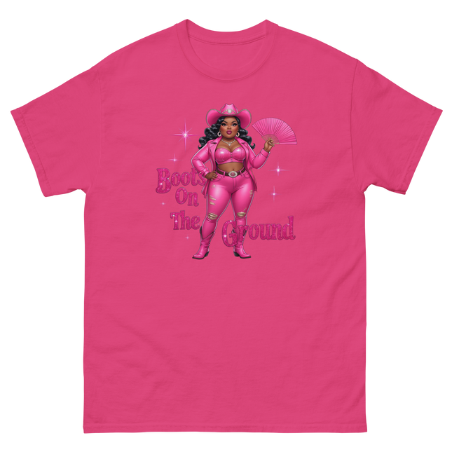 Pink Glam Cowgirl Tee – Boots on the Ground Graphic Shirt #3 Women Tees Style Junction – Custom Digital Designs & Apparel Heliconia S