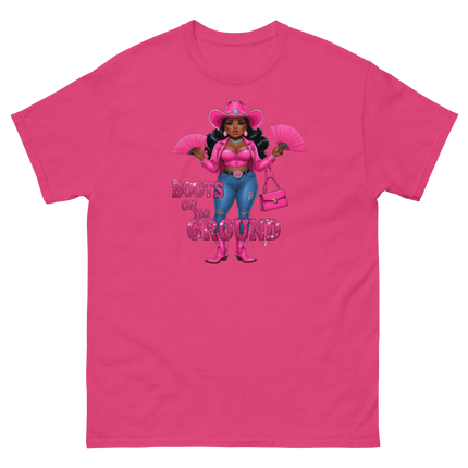 Pink Glam Cowgirl Tee – Boots on the Ground Graphic Shirt #4 Women Tees Style Junction – Custom Digital Designs & Apparel Heliconia S