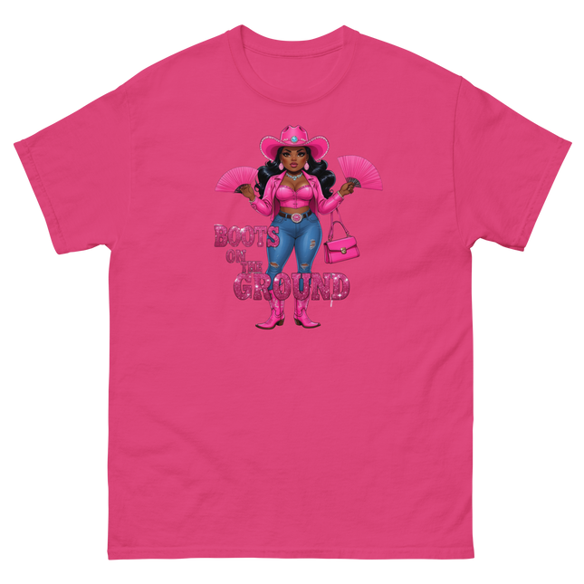 Pink Glam Cowgirl Tee – Boots on the Ground Graphic Shirt #4 Women Tees Style Junction – Custom Digital Designs & Apparel Heliconia S