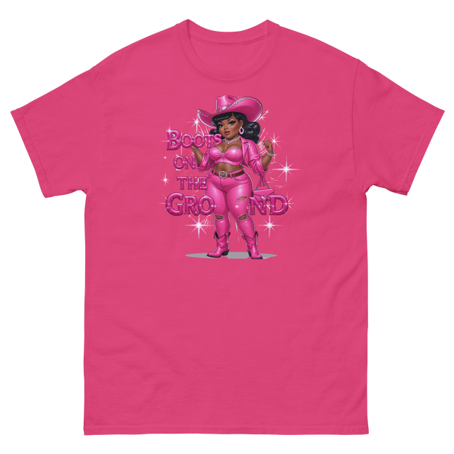 Pink Glam Cowgirl Tee – Boots on the Ground Graphic Shirt #5 Women Tees Style Junction – Custom Digital Designs & Apparel Heliconia S