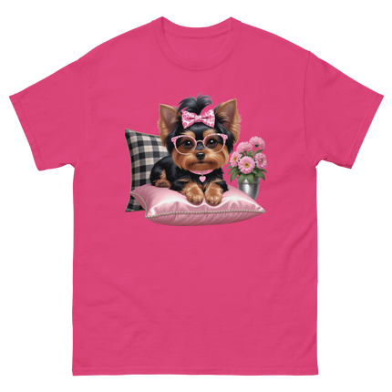 Yorkie Glam Tee – Pink Leopard Print Dog Graphic Shirt #1 Women Tees Style Junction – Custom Digital Designs & Apparel Heliconia S