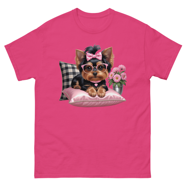 Yorkie Glam Tee – Pink Leopard Print Dog Graphic Shirt #1 Women Tees Style Junction – Custom Digital Designs & Apparel Heliconia S