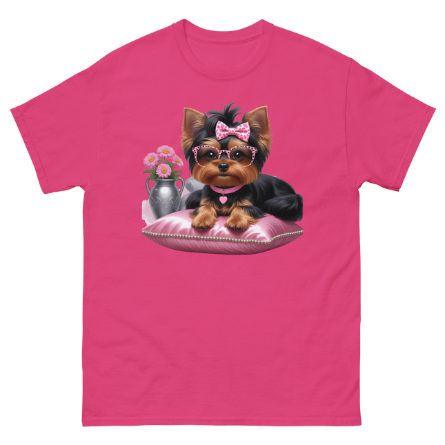 Yorkie Glam Tee – Pink Leopard Print Dog Graphic Shirt #2 Women Tees Style Junction – Custom Digital Designs & Apparel Heliconia S