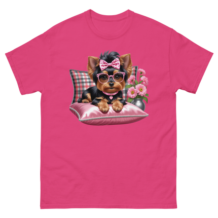 Yorkie Glam Tee – Pink Leopard Print Dog Graphic Shirt #3 Women Tees Style Junction – Custom Digital Designs & Apparel Heliconia S