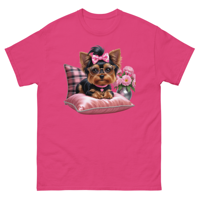 Yorkie Glam Tee – Pink Leopard Print Dog Graphic Shirt #4 Women Tees Style Junction – Custom Digital Designs & Apparel Heliconia S