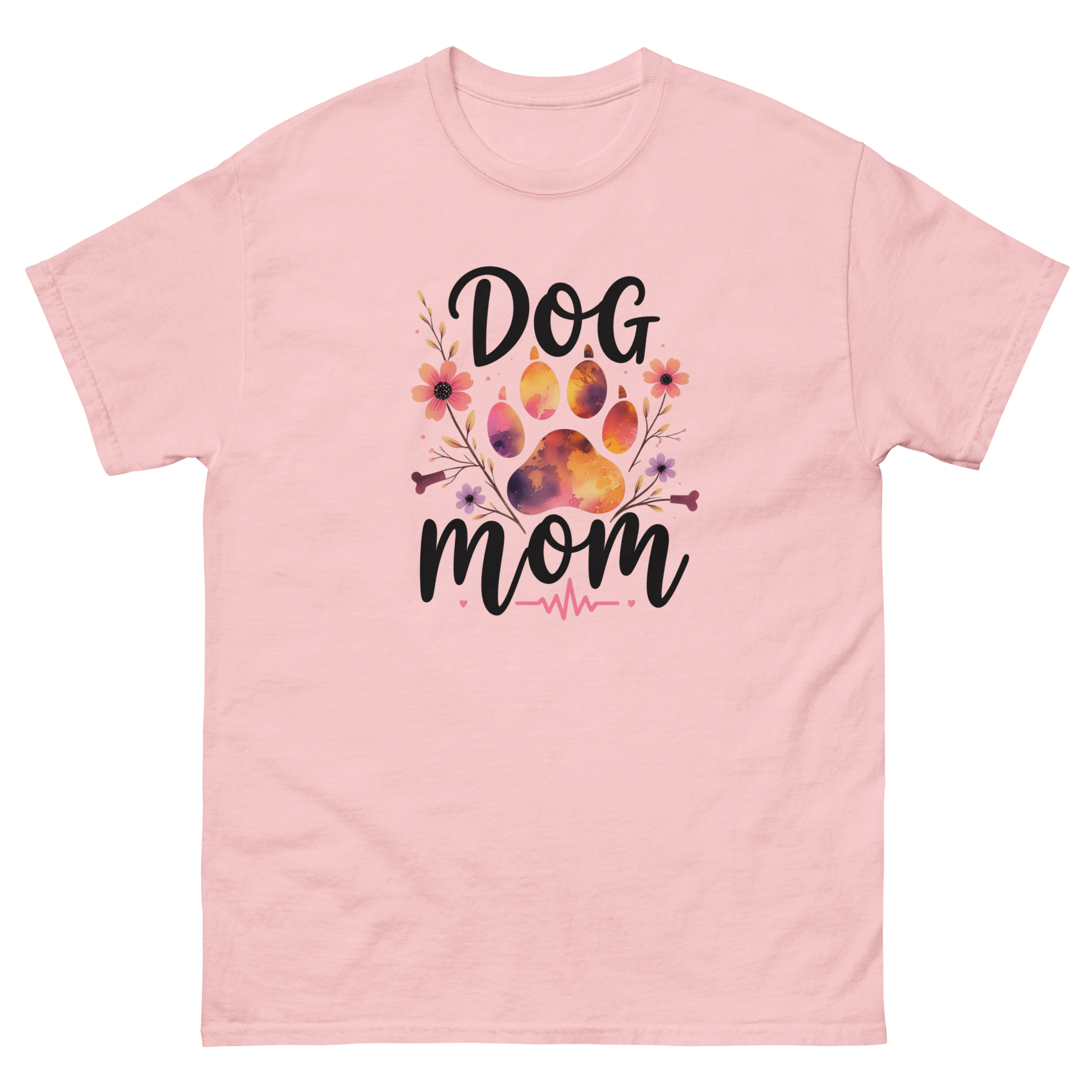 Dog Mom Sunset Floral T-Shirt – Heartbeat Paw Print Design Women Tees Style Junction – Custom Digital Designs & Apparel Light Pink S
