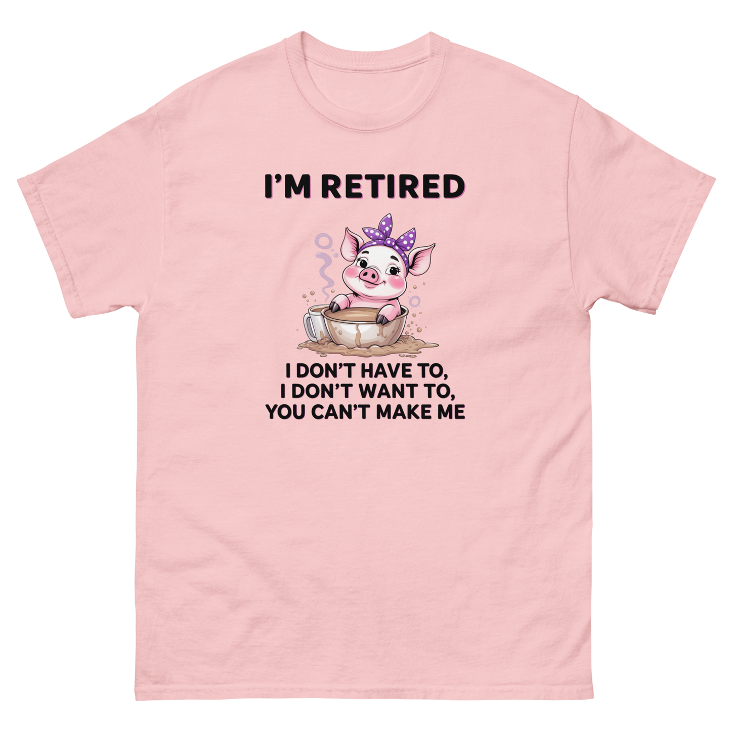 Retired Pig Coffee Tee – Funny Quote & Cute Cup Graphic Shirt Women Tees Style Junction – Custom Digital Designs & Apparel Light Pink S