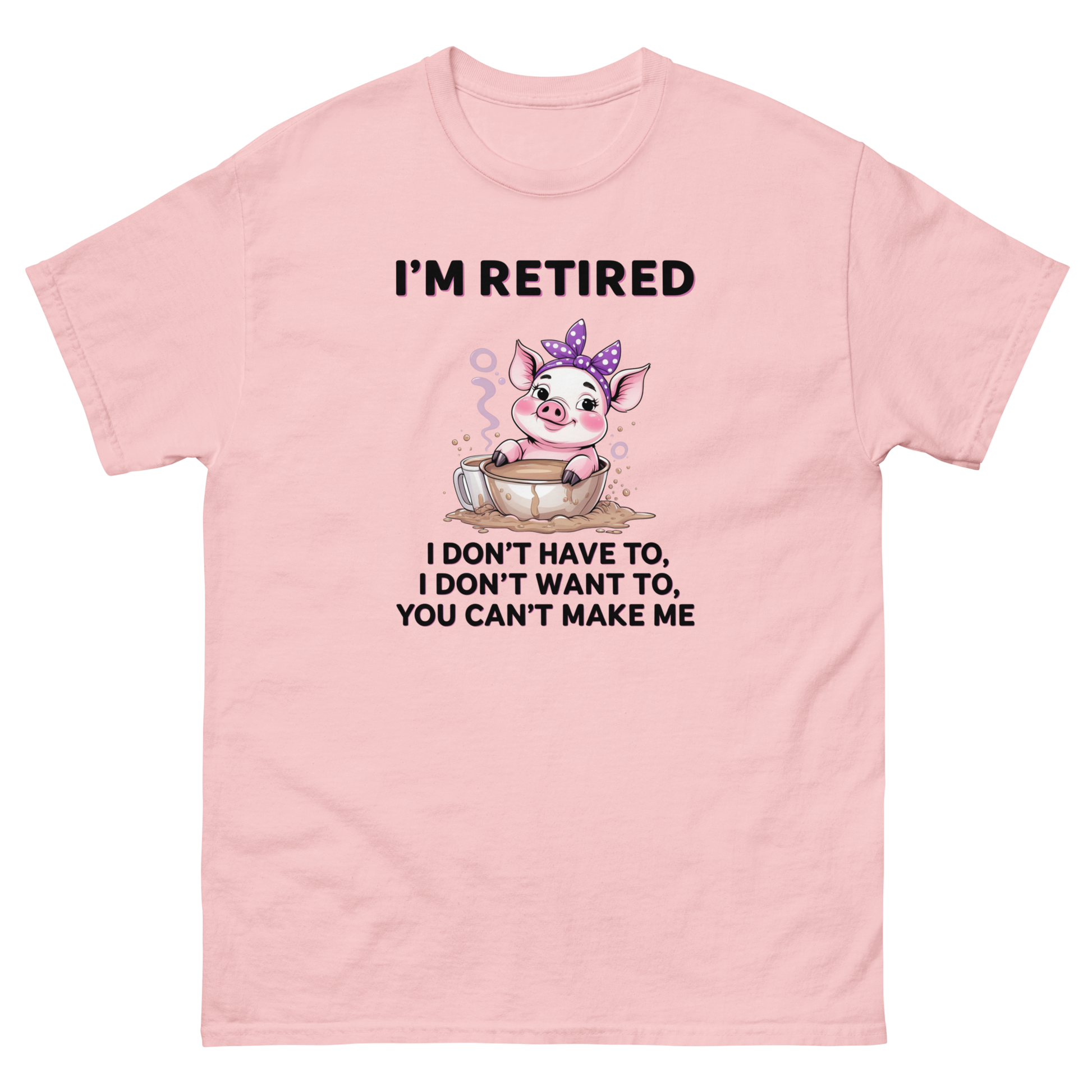 Retired Pig Coffee Tee – Funny Quote & Cute Cup Graphic Shirt Women Tees Style Junction – Custom Digital Designs & Apparel Light Pink S