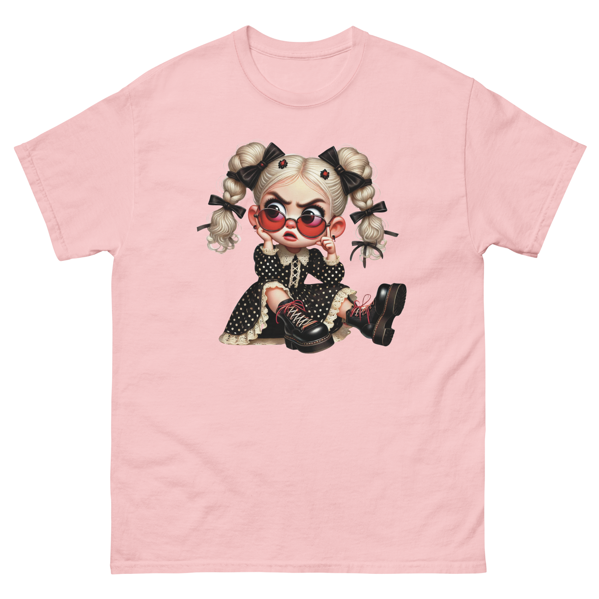 Sassy Blonde Pigtail Tee – Grumpy Doll in Polka Dot Dress Women Tees Style Junction – Custom Digital Designs & Apparel