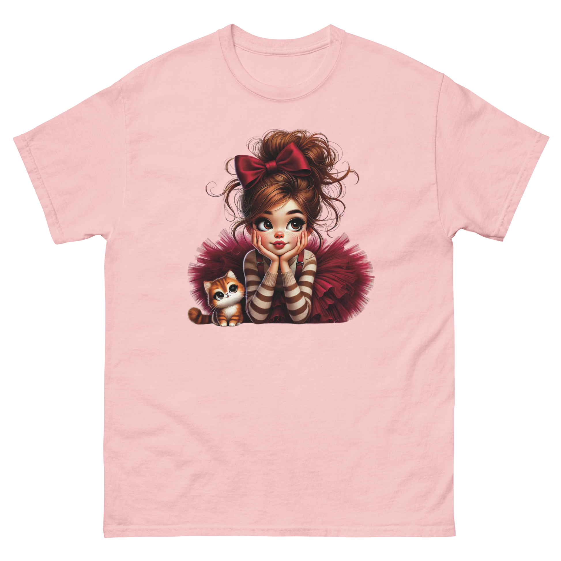 Cute Girl & Cat Tee – Red Tulle Skirt, Big Bow, Whimsical Style Women Tees Style Junction – Custom Digital Designs & Apparel
