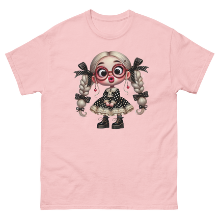Polka Dot Girl Tee – Vintage Doll Style with Blonde Pigtails Women Tees Style Junction – Custom Digital Designs & Apparel