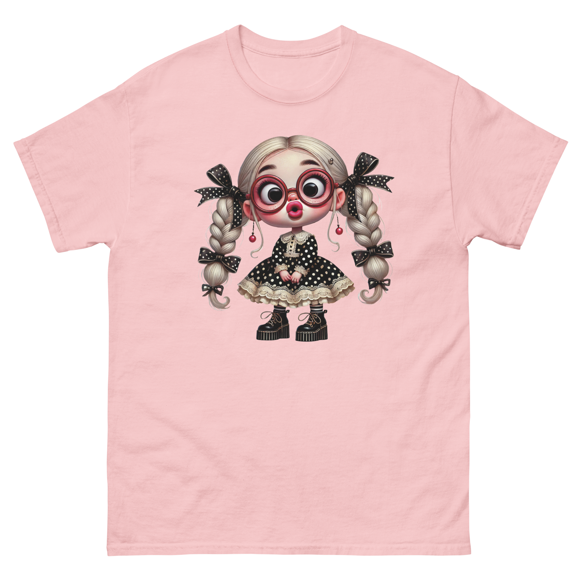 Polka Dot Girl Tee – Vintage Doll Style with Blonde Pigtails Women Tees Style Junction – Custom Digital Designs & Apparel