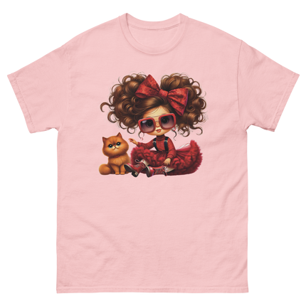 Curly Hair Girl & Cat Tee – Red Skirt & Bow Doll Style Graphic Women Tees Style Junction – Custom Digital Designs & Apparel Light Pink S