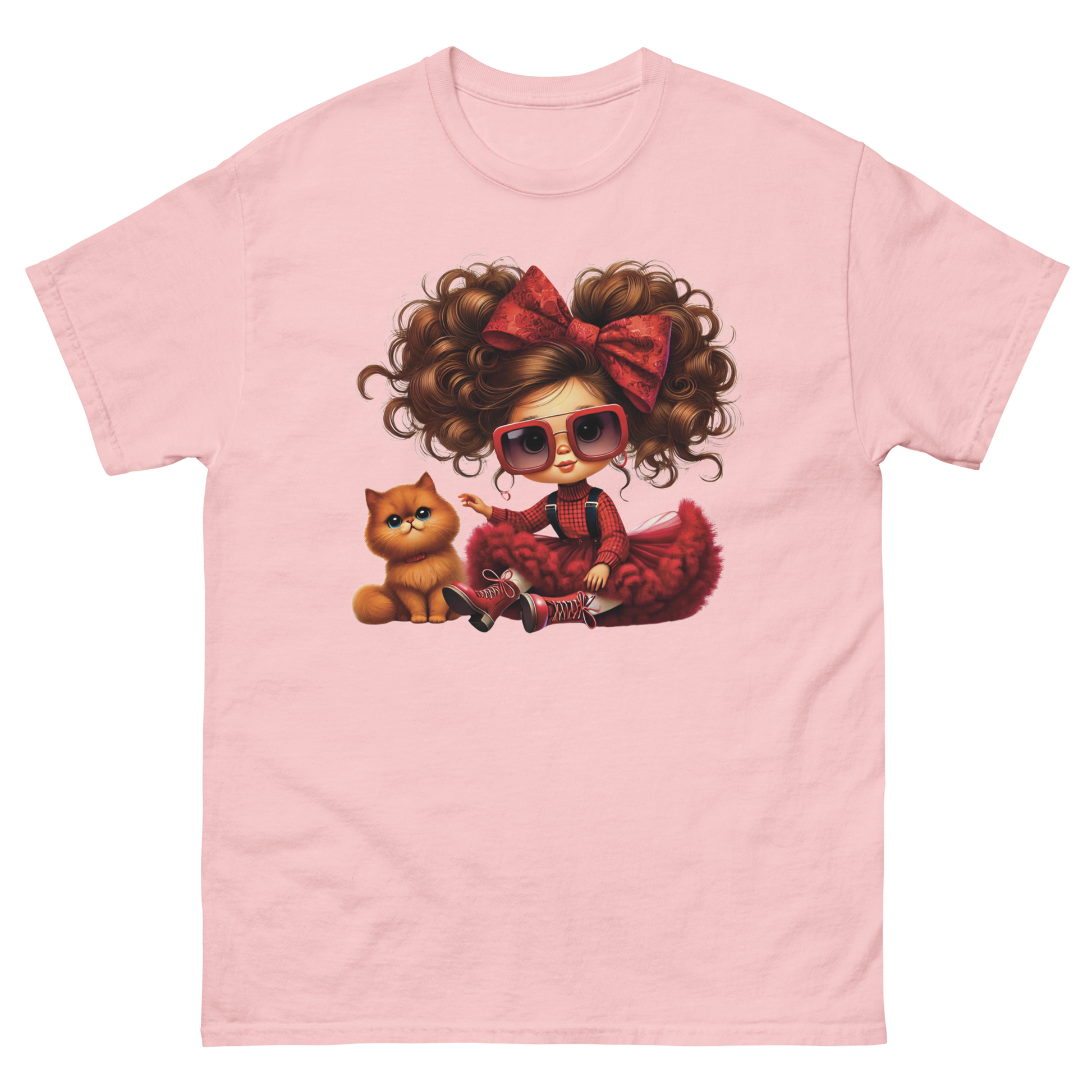 Curly Hair Girl & Cat Tee – Red Skirt & Bow Doll Style Graphic Women Tees Style Junction – Custom Digital Designs & Apparel Light Pink S