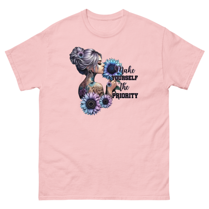 Make Yourself Priority Tee – Tattooed Floral Woman Graphic Women Tees Style Junction – Custom Digital Designs & Apparel Light Pink S