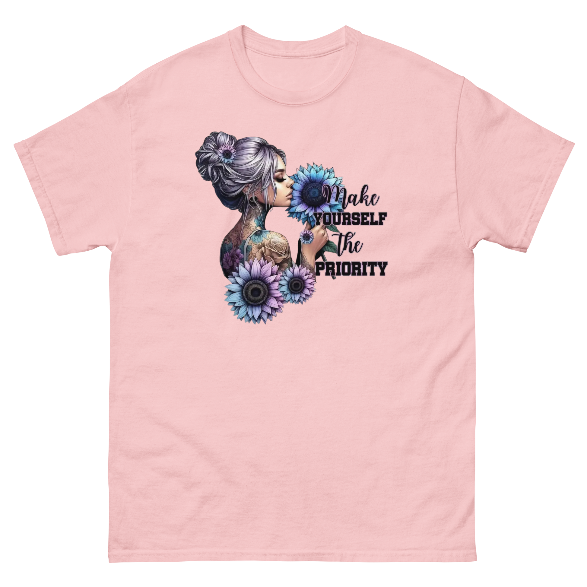 Make Yourself Priority Tee – Tattooed Floral Woman Graphic Women Tees Style Junction – Custom Digital Designs & Apparel Light Pink S