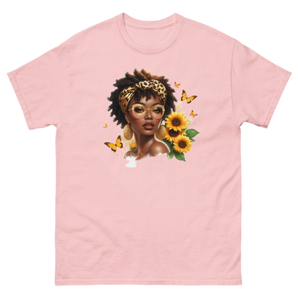 Afro Chic Sunflower Tee – Leopard Wrap & Butterfly Graphic Women Tees Style Junction – Custom Digital Designs & Apparel Light Pink S