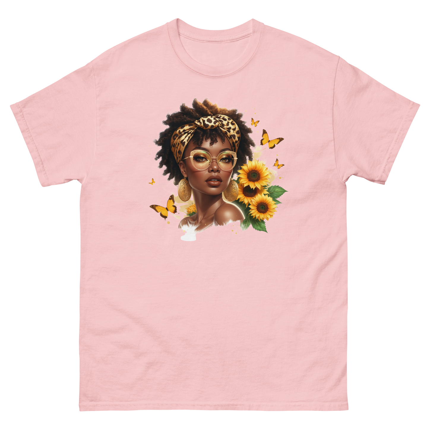 Afro Chic Sunflower Tee – Leopard Wrap & Butterfly Graphic Women Tees Style Junction – Custom Digital Designs & Apparel Light Pink S