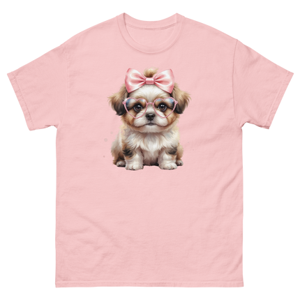 Fluffy Dog Tee – Pink Bow & Heart Glasses Pet Lover Graphic Women Tees Style Junction – Custom Digital Designs & Apparel