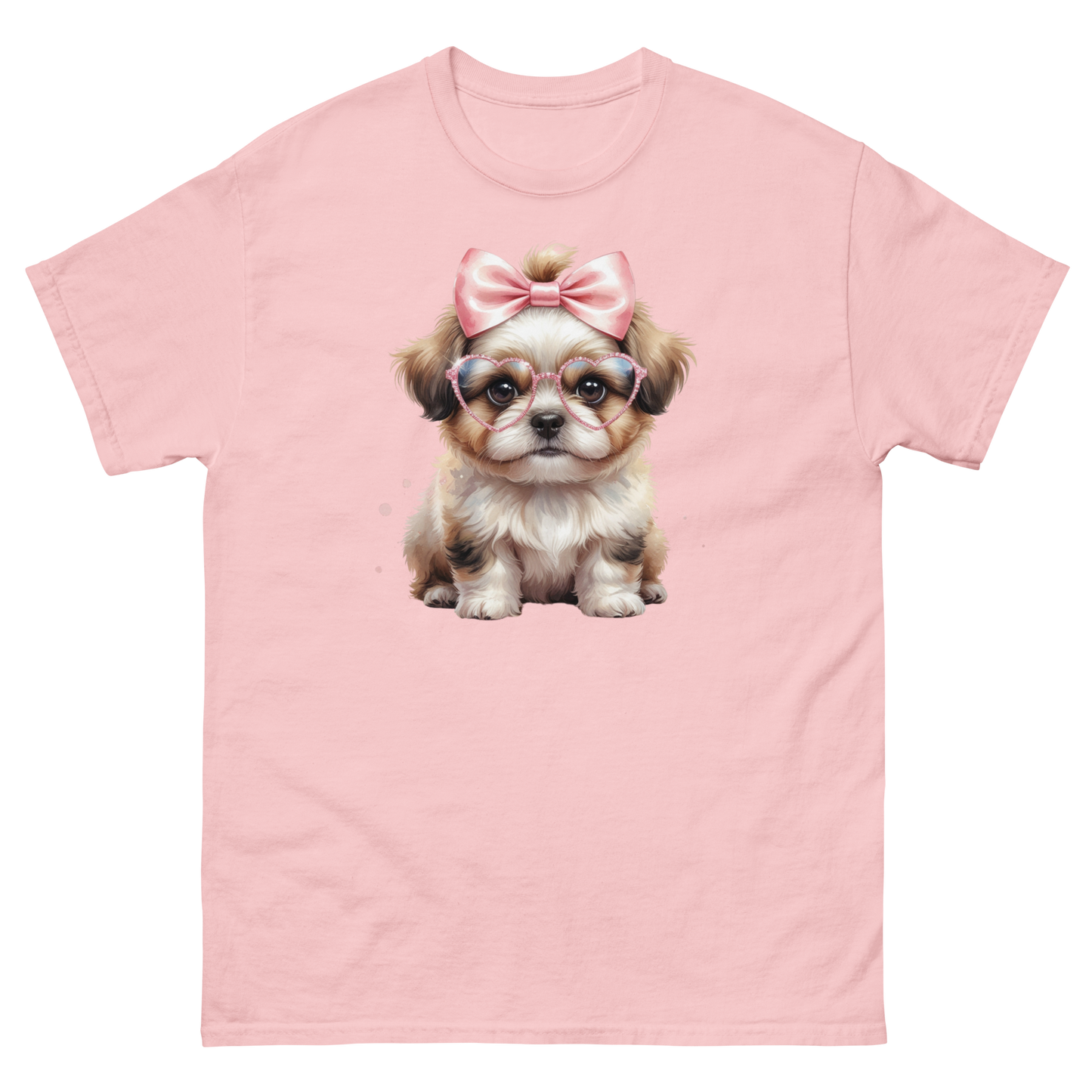 Fluffy Dog Tee – Pink Bow & Heart Glasses Pet Lover Graphic Women Tees Style Junction – Custom Digital Designs & Apparel