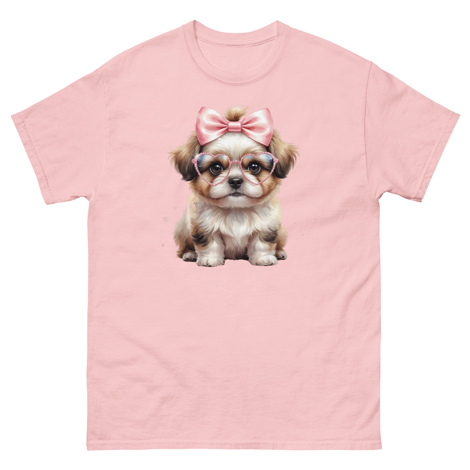 Fluffy Dog Tee – Pink Bow & Heart Glasses Pet Lover Graphic Women Tees Style Junction – Custom Digital Designs & Apparel