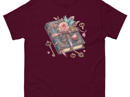 Vintage Rose Key Book Graphic Tee Women Tees Style Junction – Custom Digital Designs & Apparel Maroon S