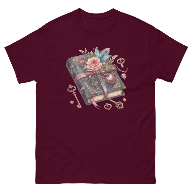 Vintage Rose Key Book Graphic Tee Women Tees Style Junction – Custom Digital Designs & Apparel Maroon S